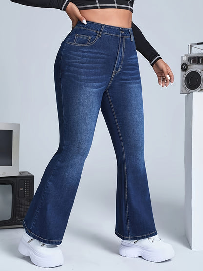 xieyinshe  Plus Size Casual Jeans, Women's Plus Washed Button Fly High Rise Flared Leg Jeans