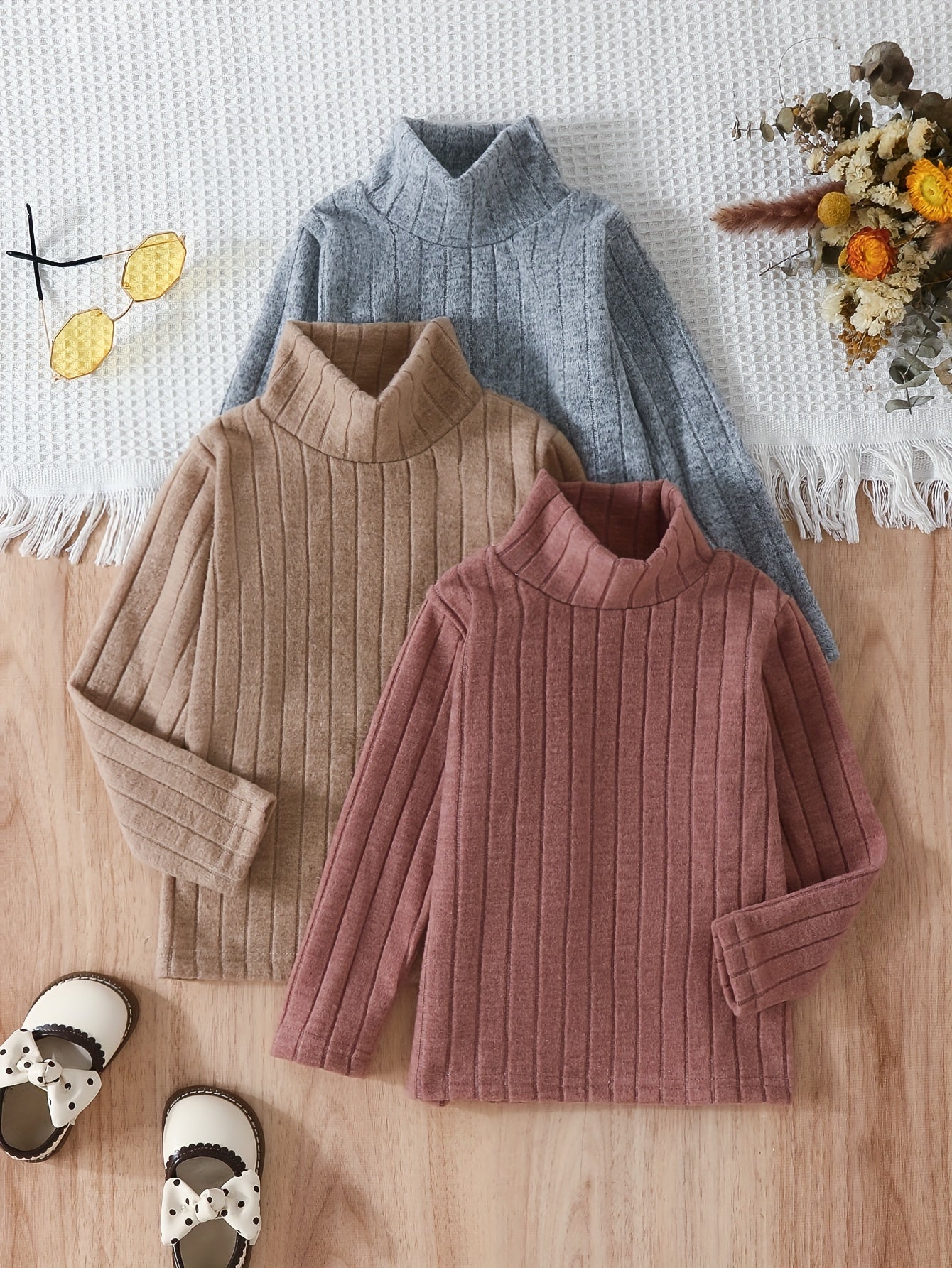 Three-color Set Girls Stripe Pattern Turtleneck Sweater For Fall Winter, Kids Casual Tops