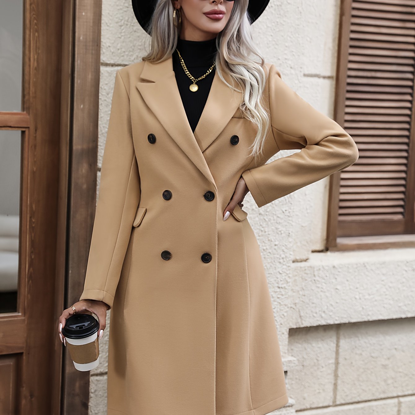 Solid Double Breasted Lapel Overcoat, Versatile Long Sleeve Thermal Winter Coat, Women's Clothing