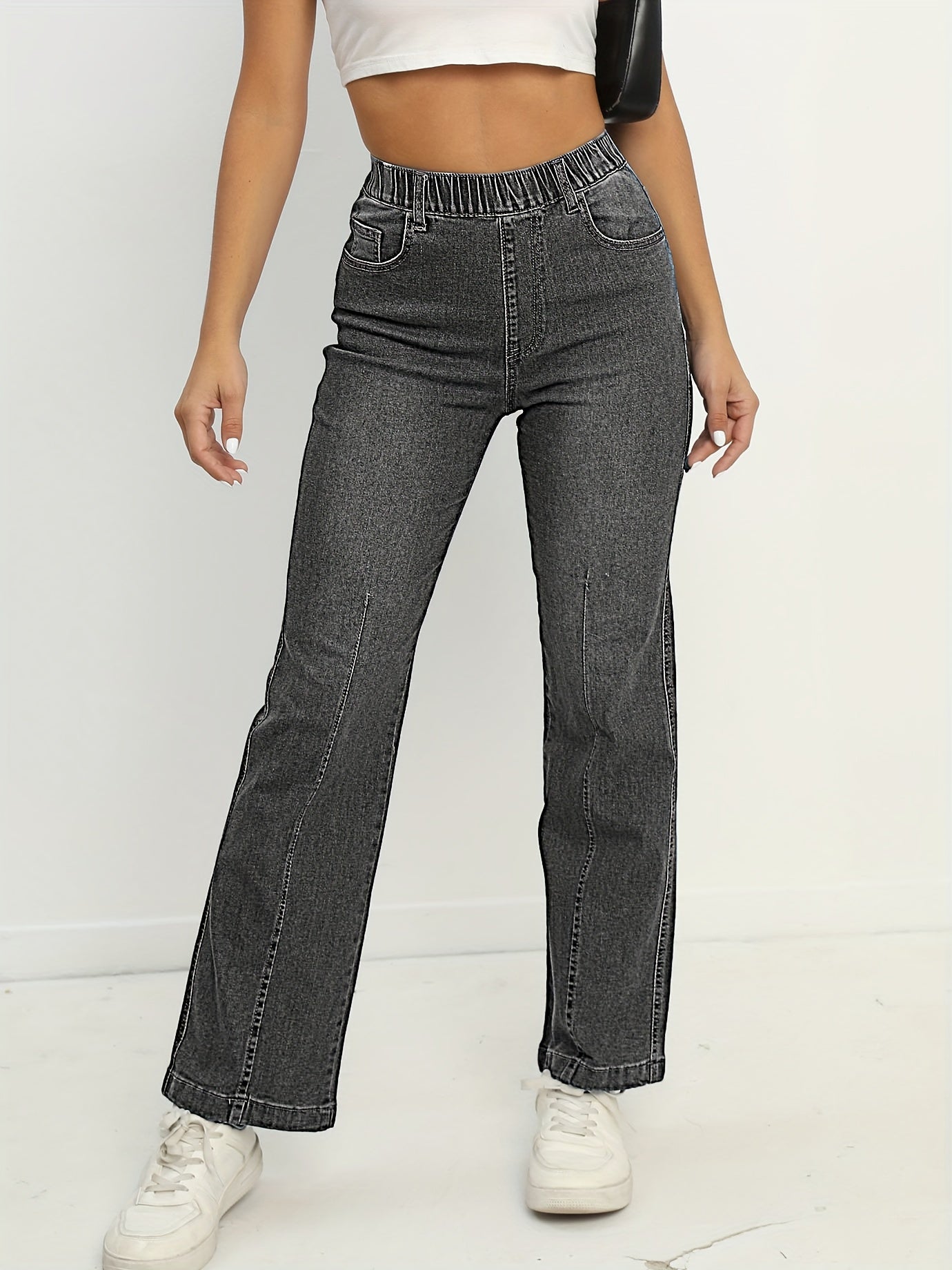 Elastic Waist Stretchy Straight Jeans, Loose Fit Slant Pockets Washed Denim Pants, Women's Denim Jeans & Clothing