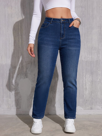 xieyinshe  Plush Liner Casual Straight Jeans, Slant Pockets Versatile Denim Pants, Women's Denim Jeans & Clothing