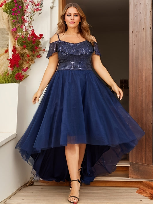 Plus Size Elegant Midi Dress with Ruffle Short Sleeves and Asymmetrical Hem - Sequined, Off-the-Shoulder, Non-Stretch Mesh Fabric, Perfect for Party and Banquet - Regular Fit, Solid Color, All-Season Dress