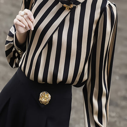 xieyinshe Striped Print Button Decor Blouse, Elegant Long Sleeve Blouse For Spring & Fall, Women's Clothing