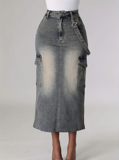 xieyinshe Side Flap Pocket Vintage Washed Midi Denim Skirt, Medium Stretch Strappy Elegant Denim Skirt, Women's Denim Jeans & Clothing