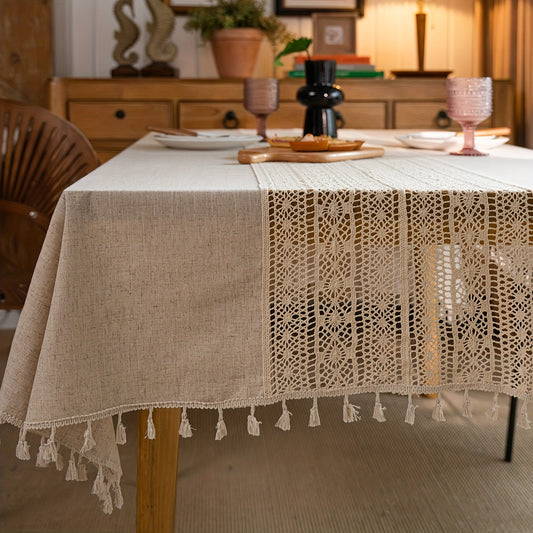 1pc Bohemian Linen Table Cloth - Exquisite Hand-Crocheted, Rustic Hemp Blend with Timeless Beige Fringes - Perfect for Christmas, Picnics, and Home Decor - Elegant and Versatile