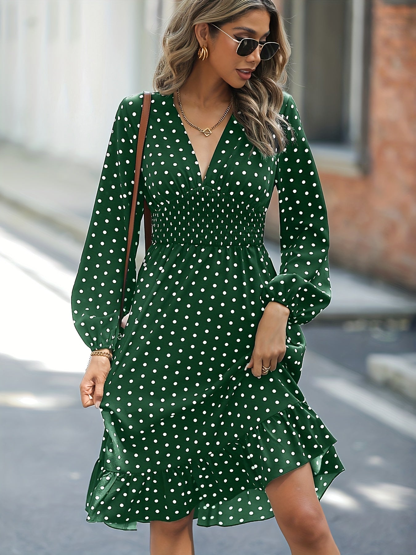 xieyinshe  Retro V-neck Ruffle Dress, Polka Dot Print Long Sleeve Waist Loose Summer Dresses, Women's Clothing