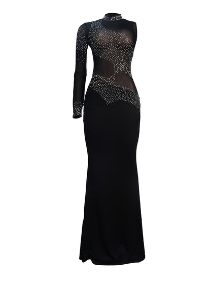 Solid Rhinestone Party Dresses, Mesh Sexy Slim Dress Evening Dress, Women's Clothing