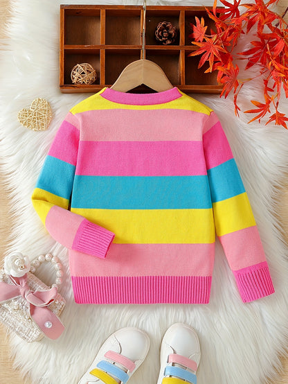 Girls Fashionable Lightweight Rainbow Knitted Cardigan - Soft Fall Spring Sweater Coat for Little Fashionistas Seasonal Transition