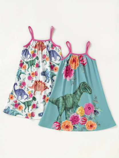 2-Piece Adorable Dinosaur & Floral Print Cami Dress Set - Breathable, Comfortable Cotton - Perfect for Summer Adventures and Parties