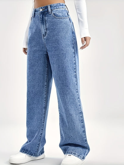 xieyinshe  Slant Pocket Wide Leg Jeans, Button Zipper Closure Loose Leisure Denim Pants, Women's Denim Jeans & Clothing