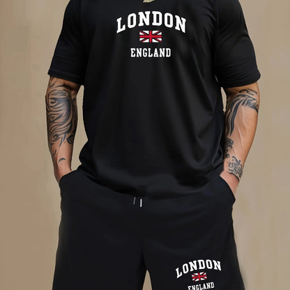 2 Pcs Men's Pajama Sets, LONDON ENGLAND British Flag Print Short Sleeve T-shirts & Shorts, Comfortable & Gentle Style Pajamas For Men's Summer Cozy Loungewear