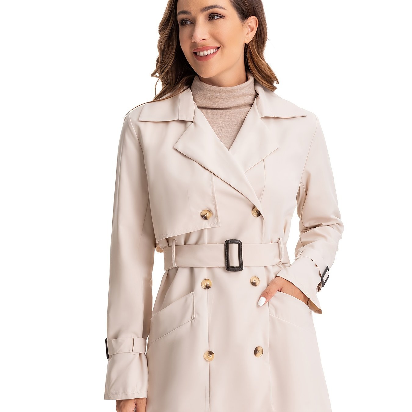 xieyinshe  Double Breasted Long Trench Coat, Long Sleeve Windproof Classic Lapel Slim Belted Outerwear, Women's Clothing