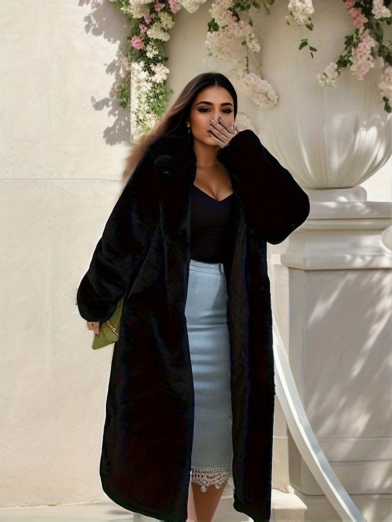 Open Front Fuzzy Coat, Casual Thermal Long Sleeve Midi Length Coat For Winter, Women's Clothing