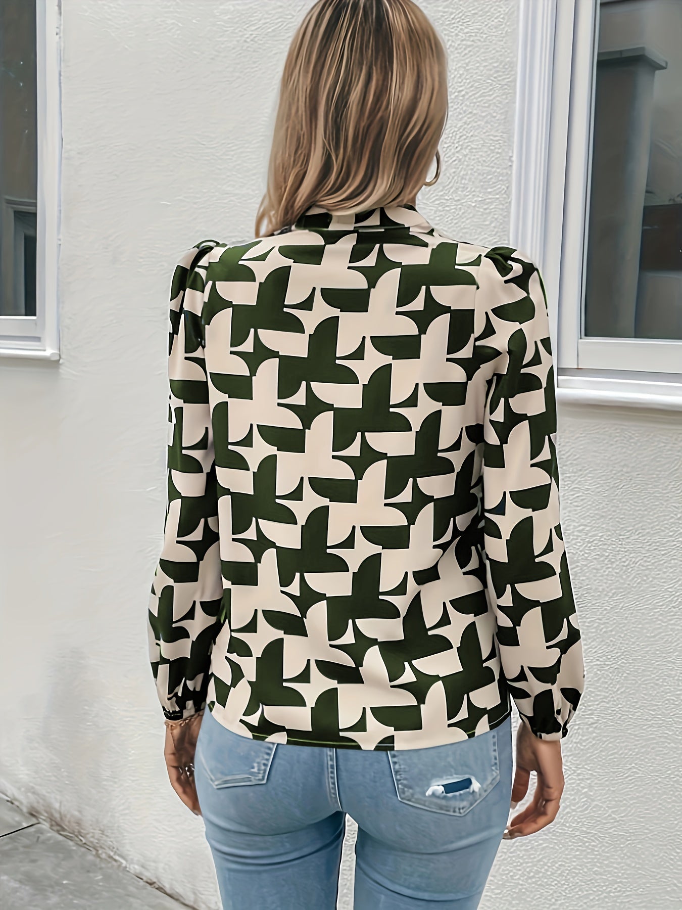 Graphic Print Notched Neck Blosue, Elegant Long Sleeve Blouse For Spring & Fall, Women's Clothing