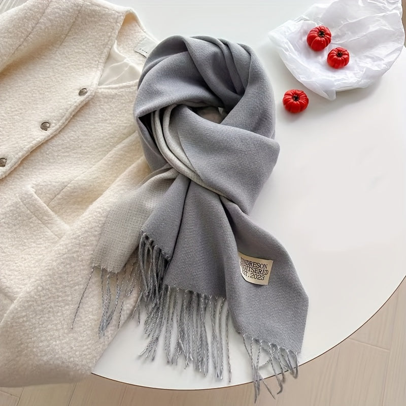 Letter Patched Winter Scarf, Tassel Trim Fashion Windproof Neck Cover Casual Warm Shawl Scarf For Women Winter Gift For Music Festival