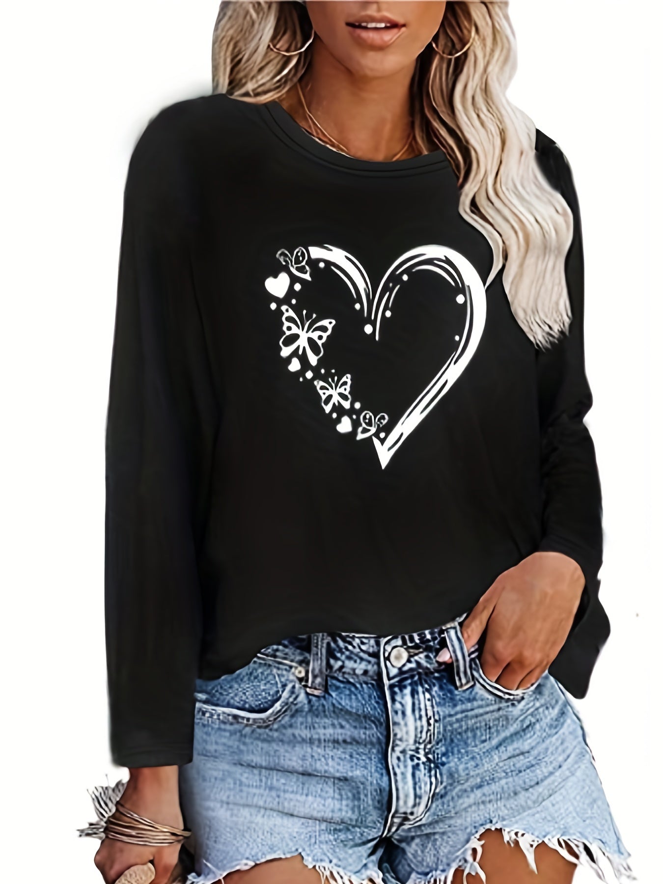 xieyinshe  Heart & Butterfly Print Crew Neck T-Shirt, Casual Long Sleeve T-Shirt For Spring & Fall, Women's Clothing