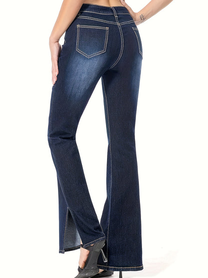 Slant Pockets Washed Flare Jeans, Mid-Stretch Versatile Bell Bottom Jeans, Women's Denim Jeans & Clothing