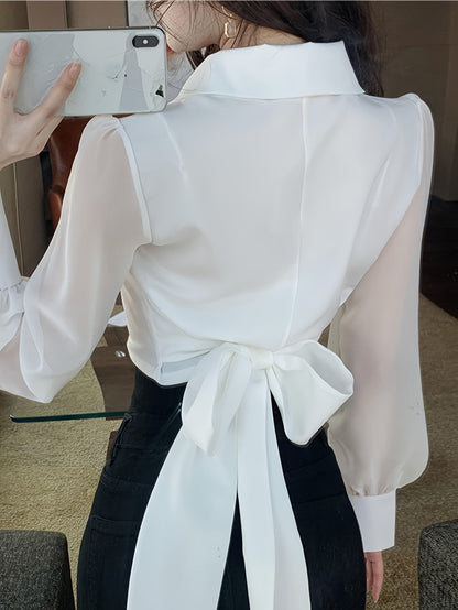 Solid Tie Back Button Front Blouse, Elegant Long Sleeve V-neck Blouse For Spring & Fall, Women's Clothing