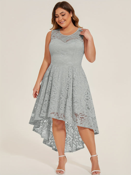 Plus Size Fitted Crew Neck Lace Dress - Elegant High Stretch Polyester Fabric, Sleeveless Solid Color Floral Pattern, No Printing, All-Season Wear for Party, Banquet, Wedding, and Engagement Ceremony Occasions