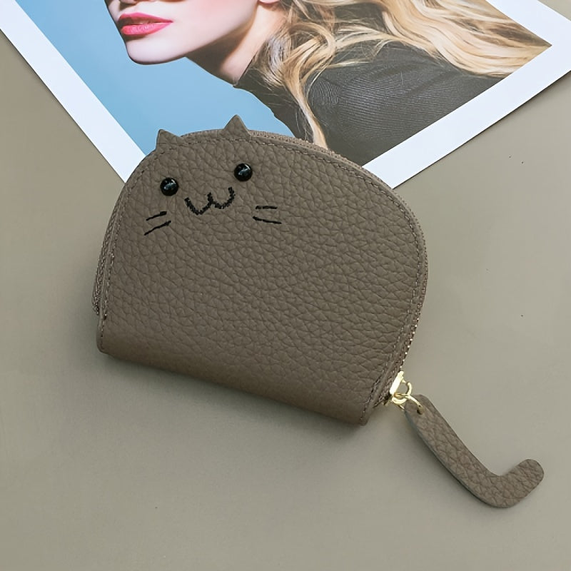 Compact & Chic Genuine Leather Cat-Design Wallet - Secure Zipper, Polyester Lined Coin Purse, and Sleek Card Holder