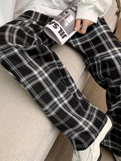 xieyinshe Plaid Print Loose Pants, Casual Elastic Waist Comfy Pants, Women's Clothing