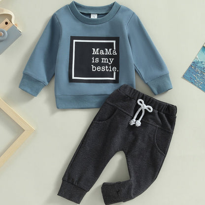 2-Piece Baby Boys' Fashionable Fall Layette Set - Soft Long Sleeve Crew Neck Letter Print Pullover Top and Elastic Waist Pants with Pocket - Comfortable and Adorable Outfit for Little Ones