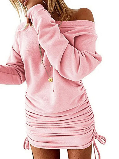 Solid Drawstring Pullover Sweatshirt Dress, Casual Ruched Long Sleeve Sweatshirt Dress, Women's Clothing