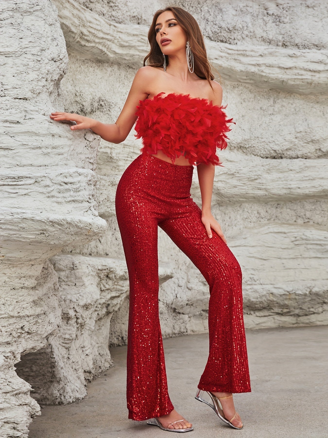 xieyinshe  Casual Pantsuits Two-piece Set, Solid Color Feather Tops & Fashion Pocket Pants Set, Women's Clothing