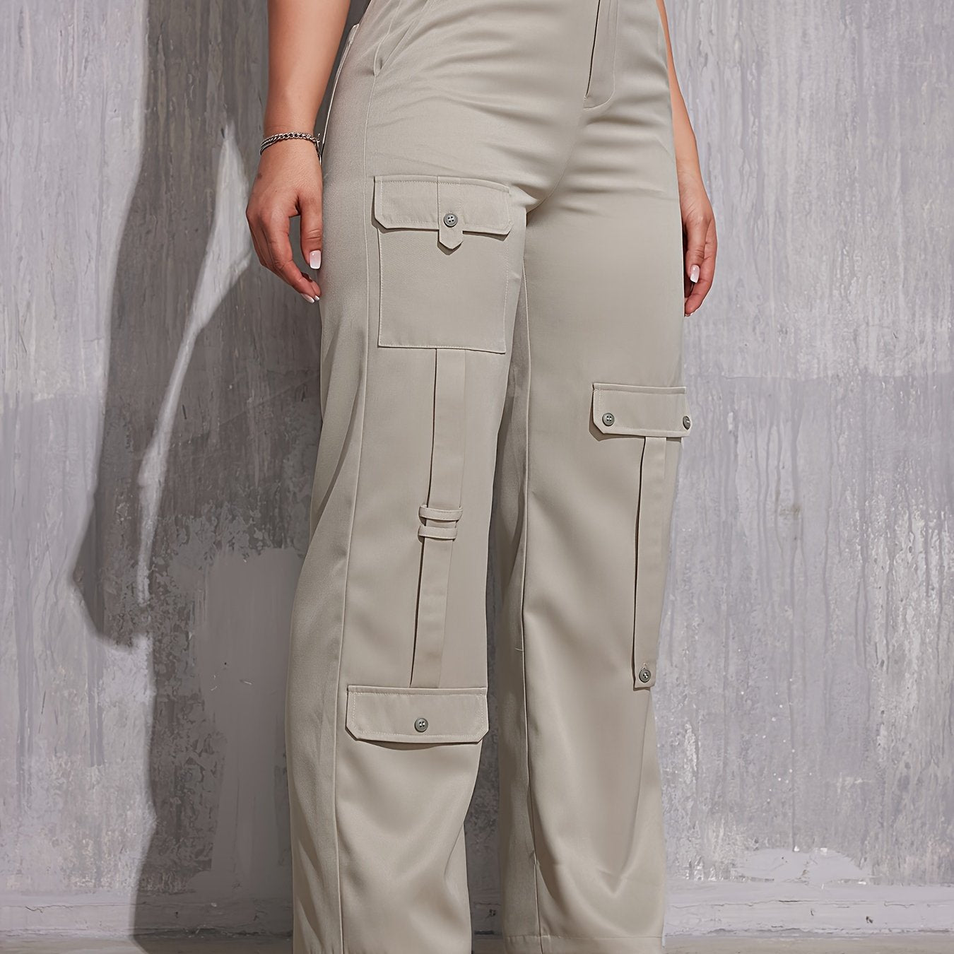 xieyinshe Solid Straight Leg Cargo Pants, Casual High Waist Fashion Pants With Pocket, Women's Clothing