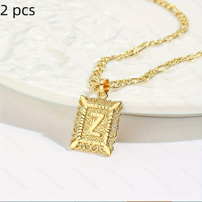 2 pcs Personalized Initial Letter Pendant Necklace - 18K Gold Plated Square Capital Monogram in Figaro Chain - Fashionable Alloy Necklace for Men and Women with A-Z Alphabet Options