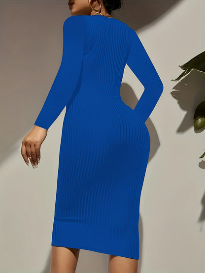 xieyinshe  Solid Ribbed Dress, Casual Crew Neck Long Sleeve Bodycon Dress, Women's Clothing