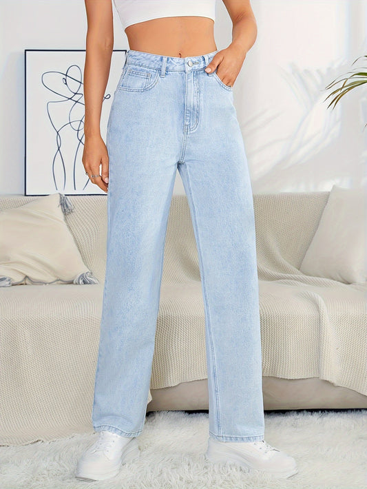 xieyinshe  Light Blue Straight Leg Jeans, High Rise Loose Casual Denim Pants With Pockets, Women's Denim Jeans & Clothing