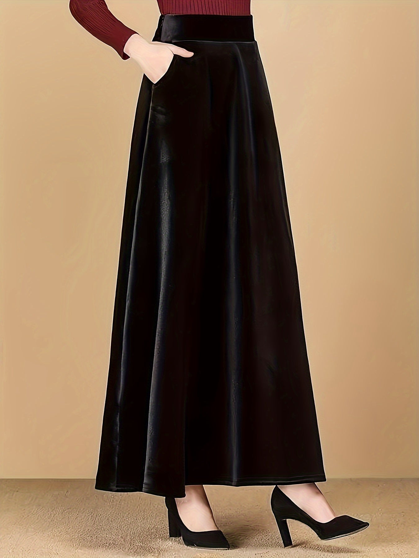 xieyinshe Plus Size Elegant Skirt, Women's Plus Solid Velvet Elastic High Rise Swing Maxi Skirt