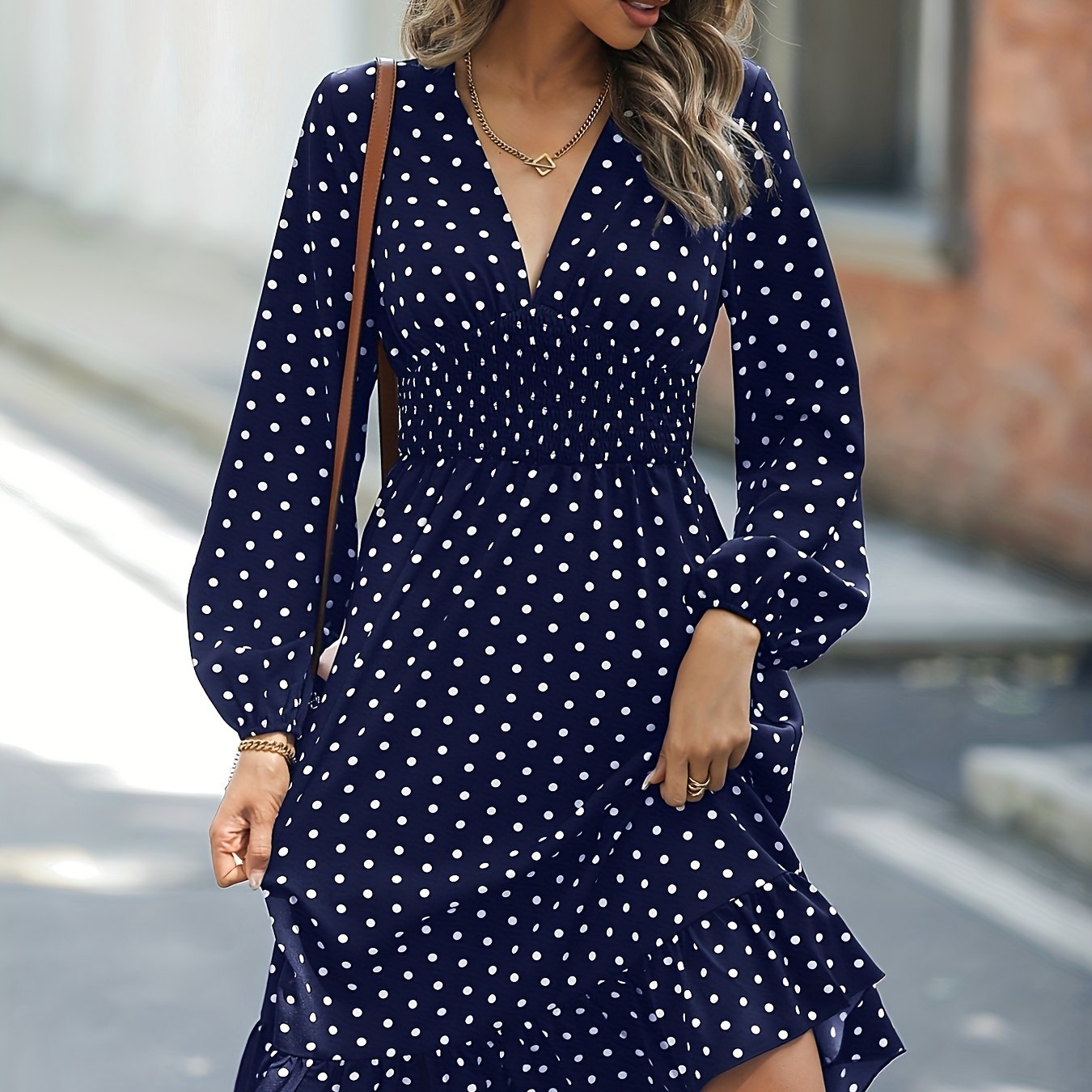 xieyinshe  Retro V-neck Ruffle Dress, Polka Dot Print Long Sleeve Waist Loose Summer Dresses, Women's Clothing