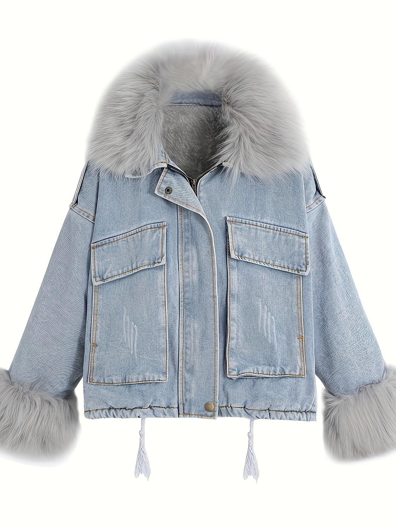 Fluffy Plush Collar & Cuffs Winter Warm Fur Fleece Coat, Extra Large Square Pockets Drawstring Hem Denim Jacket, Women's Denim Jackets