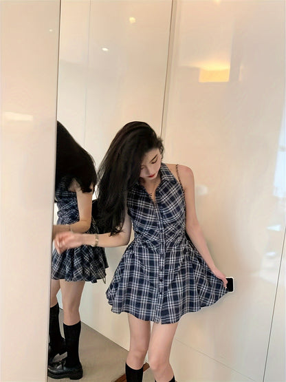 xieyinshe  Plaid Print Matching Two-piece Set, Button Front Sleeveless Lapel Dress & Elastic Waist Loose Shorts Outfits, Women's Clothing