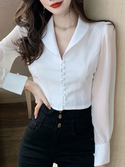 Solid Tie Back Button Front Blouse, Elegant Long Sleeve V-neck Blouse For Spring & Fall, Women's Clothing