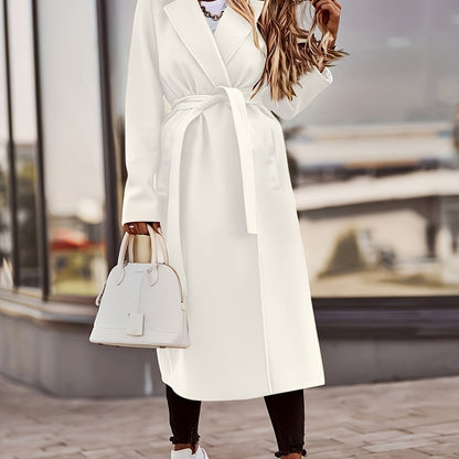 Plus Size Elegant Coat, Women's Plus Solid Long Sleeve Lapel Collar Longline Woolen Coat With Pockets