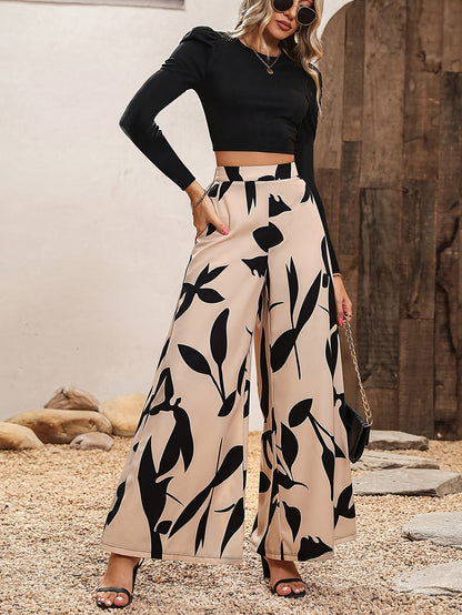 xieyinshe  Casual Two-piece Set, Solid Long Sleeve Crop Top & Wide Leg Pants Outfits, Women's Clothing