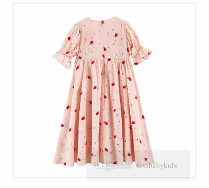 Big girls strawberry embroidery dresses old kids lace hollow falbala short sleeve dress summer teenagers pink princess clothes Z7001