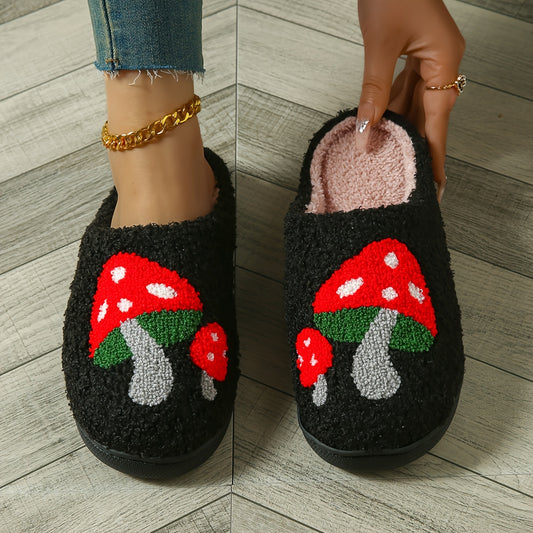 Winter Plush Slippers With Ghost & Mushroom Design, Halloween Themed Soft Sole Fuzzy Shoes, Cozy & Warm Indoor Slippers