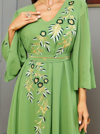 Floral Embroidered V Neck Belted Dress, Elegant Bell Sleeve Maxi Dress, Women's Clothing