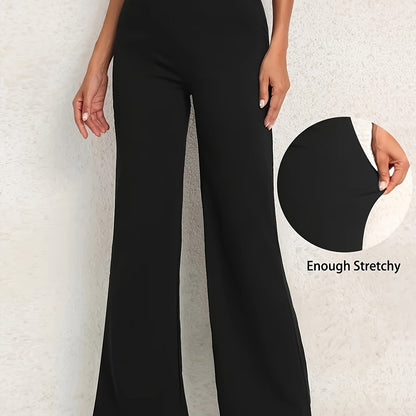 xieyinshe  Plus Size Elegant Pants, Women's Plus Solid High Rise High Stretch Flared Leg Trousers