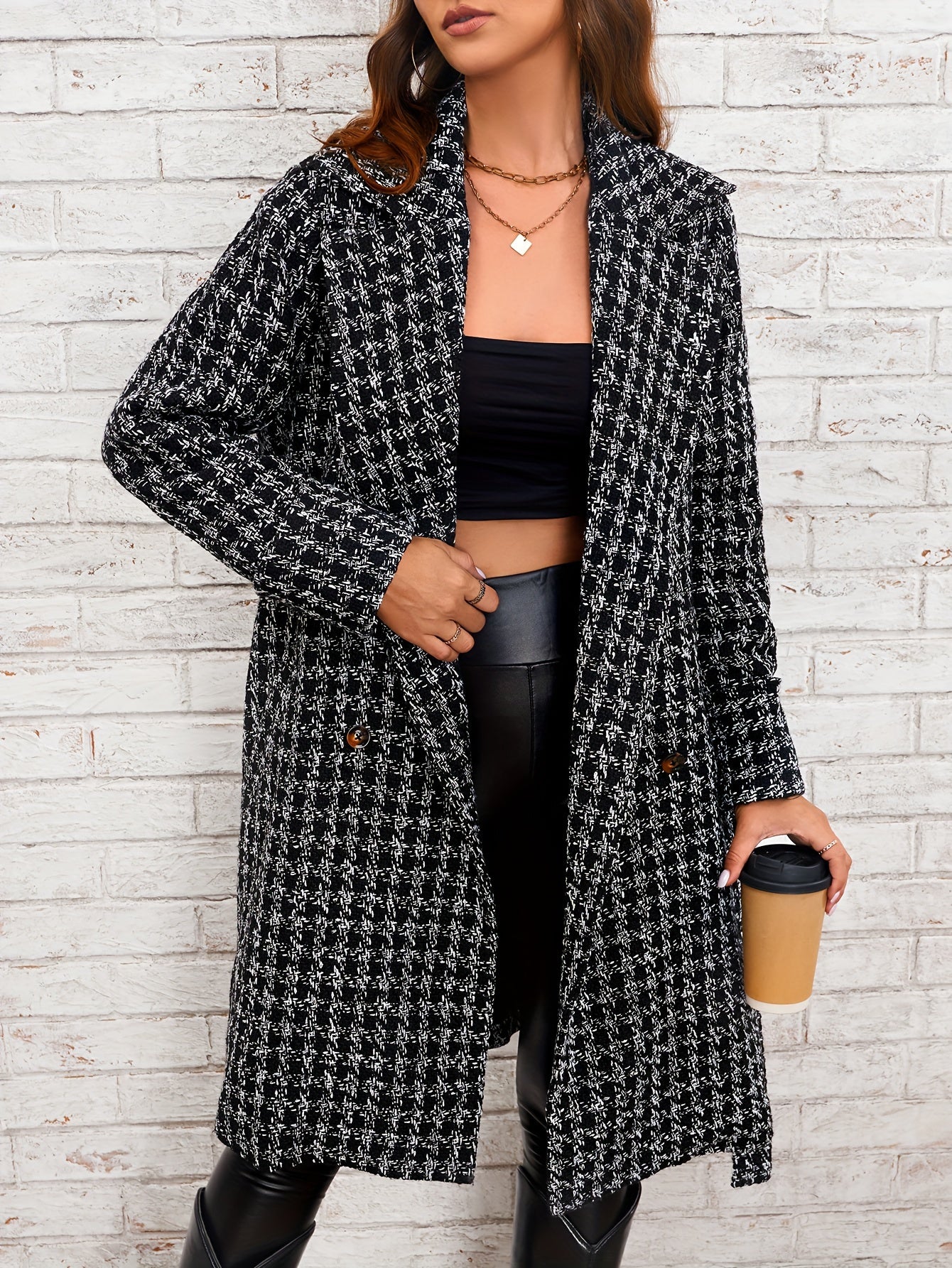 xieyinshe Houndstooth Pattern Double Breasted Overcoat, Elegant Lapel Long Sleeve Outerwear, Women's Clothing