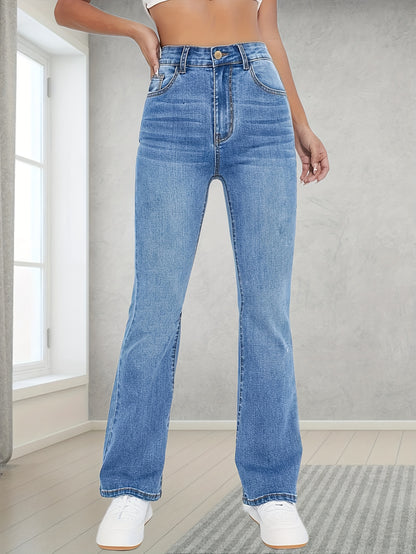 xieyinshe  Light Blue Casual Bootcut Jeans, Mid-Stretch Slant Pockets High Waist Denim Pants, Women's Denim Jeans & Clothing