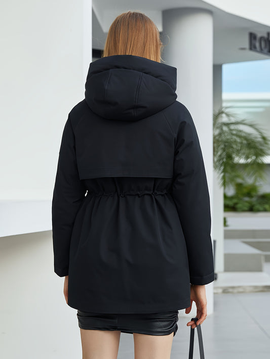 xieyinshe  Hooded Zip Up Warm Coat, Elegant Pocket Front Long Sleeve Outerwear, Women's Clothing