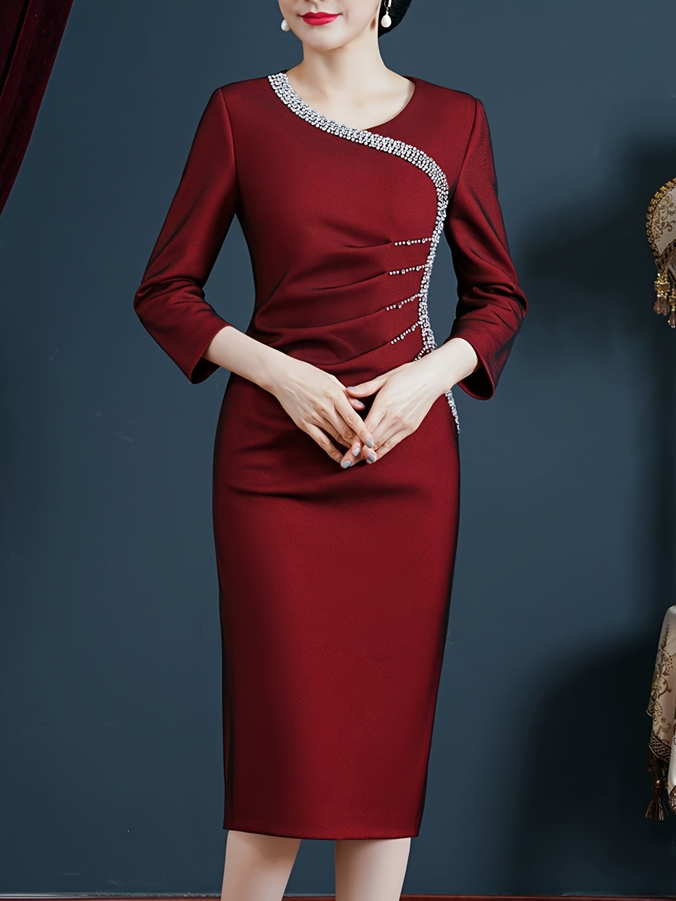 xieyinshe  Rhinestone Crew Neck Ruched Dress, Elegant 3/4 Sleeve Slim Midi Dress For Wedding Party, Women's Clothing