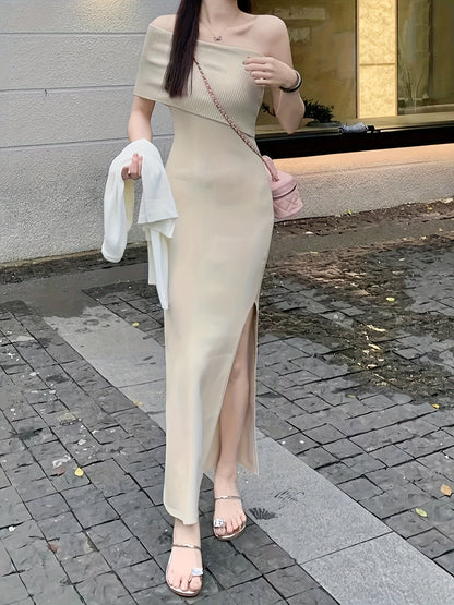 xieyinshe Solid Color One-shoulder Dress, Chic Skew Neck Split Hem Slim Dress, Women's Clothing