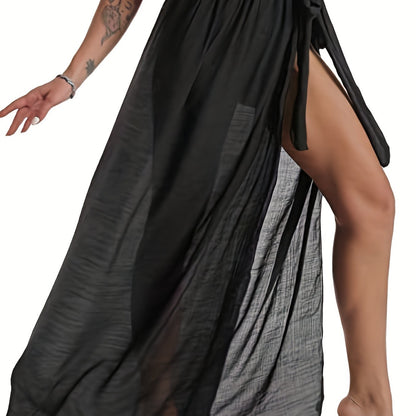 xieyinshe  Solid Color Semi-Sheer Cover Up Wrap, Slight-Stretch Casual Beach Cover Up Skirt, Women's Swimwear & Clothing