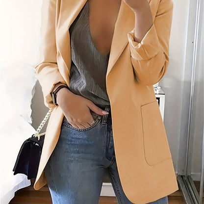 xieyinshe Plus Size Casual Blazer, Women's Plus Solid Long Sleeve Lapel Collar Suit Coat With Pockets